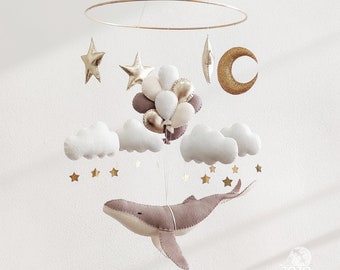 Whale Baby Mobile  - Fish Mobile - Moon Baby Crib Mobile - Grey Whale Mobile for Nursery - Neutral Nursery Mobile - Baby Shower Gift