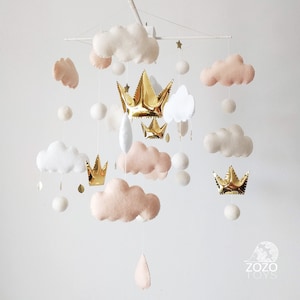 Baby Mobile - Crown mobile - Princess Baby Crib Mobile - Girl Nursery - Baby Girl Felt Mobile - Beige Gold Mobile - Princess Room Decor