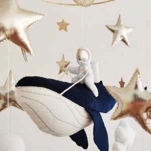 Space Baby Mobile Boy Navy Blue Whale Mobile for Nursery Gender Neutral Baby Mobile Moon Baby Crib Mobile Nautical Mobile Ocean image 2