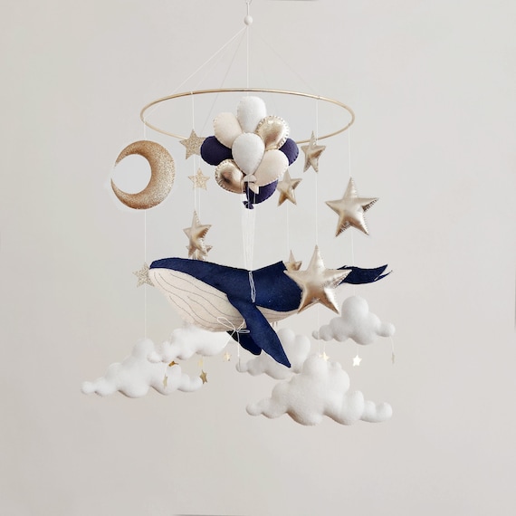 Whale Baby Mobile: Navy Blue Nursery Decor with Stars Moon