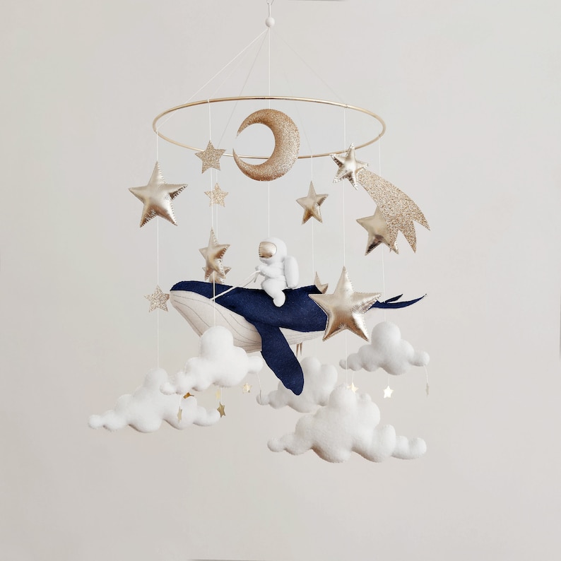 Space Baby Mobile Boy Navy Blue Whale Mobile for Nursery Gender Neutral Baby Mobile Moon Baby Crib Mobile Nautical Mobile Ocean Regular packaging