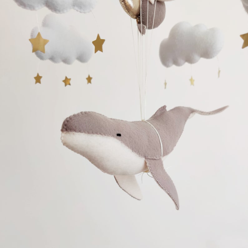 Whale Baby Mobile Fish Mobile Moon Baby Crib Mobile Grey Whale Mobile for Nursery Neutral Nursery Mobile Baby Shower Gift image 4