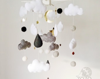 Baby Mobile - Starry Night Baby Crib Mobile - Light Baby Mobile - Regalo para bebé - Moon Stars Mobile - Clouds Felt Mobile - Nursery mobile