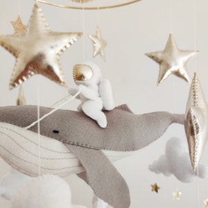Space Baby Mobile Boy Grey Whale Mobile for Nursery Gender Neutral Baby Mobile Moon Baby Crib Mobile Nautical Mobile Ocean image 2