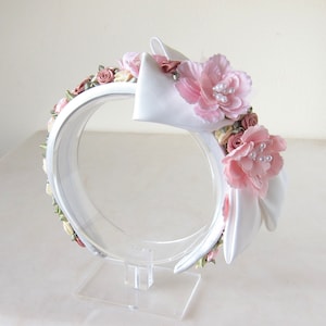 Rococo silk flower embellished satin bow headband, bridal bridesmaids beaded headpiece, Baroque wedding fairy hair accessory faux pearl