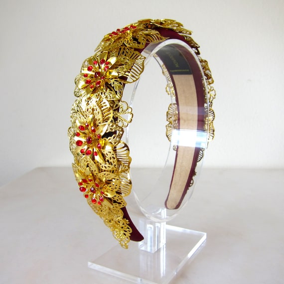 Bold Baroque Embellished Red Headband, Metal Flowers Dolce  display picture 3
