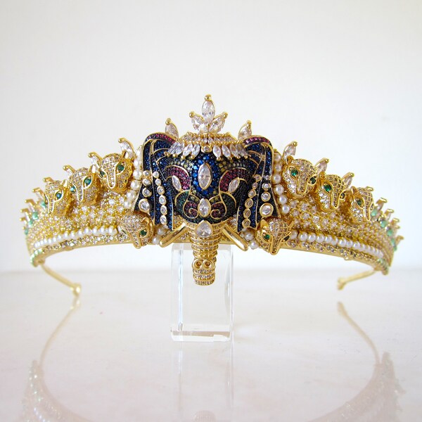 Handmade elephant leopard animal gold wedding tiara -  cubic zirconia crystals crown - handcrafted bridal bride accessories - Africa India