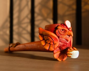 Handmade smoking pipe, Mapacho tobacco pipe, ceremonial pipe, shamanic pipe, bloodwood, owl, moon stone, pink tourmaline.