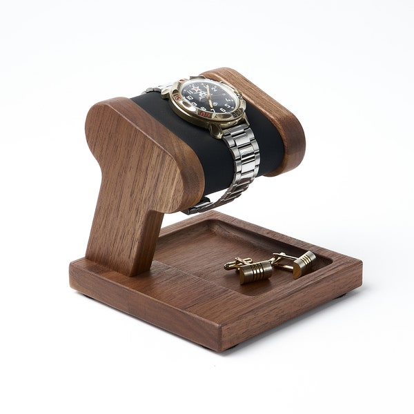 Support de montre en bois avec oreiller en cuir souple noir et emplacement pour ranger clés, bague, boutons de manchette, bijoux