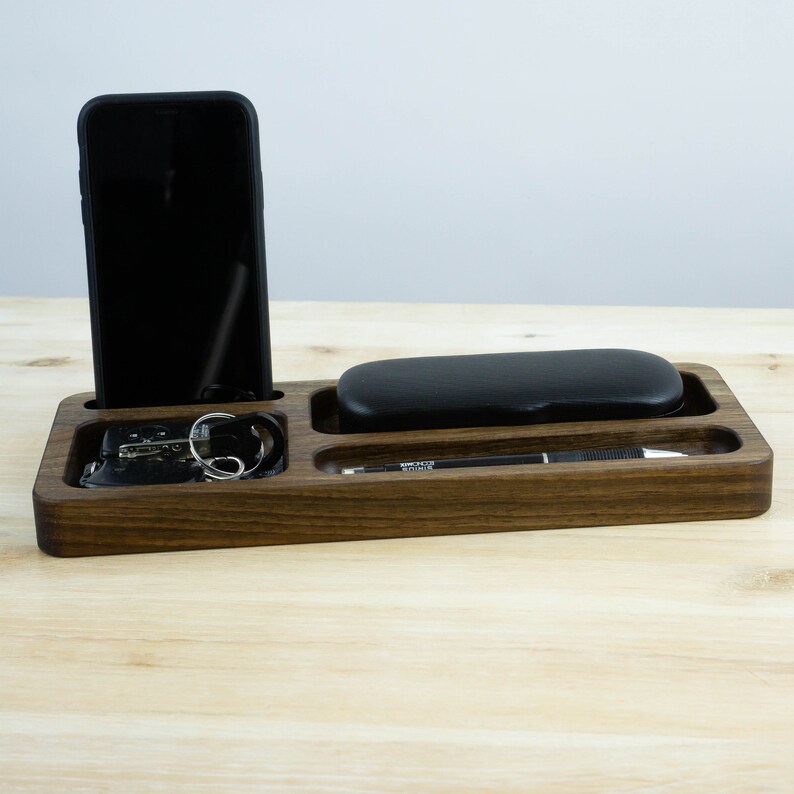 Wood walnut office wood desk organizer tray phone dock stand Etsy