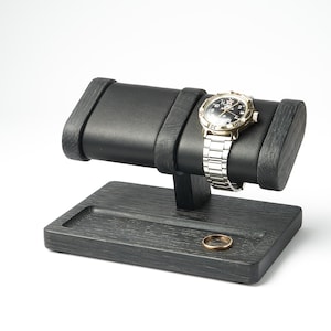 Wood watch stand for 2 watches with place for storage, black oak stand for two wristwatch