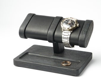 Wood watch stand for 2 watches with place for storage, black oak stand for two wristwatch