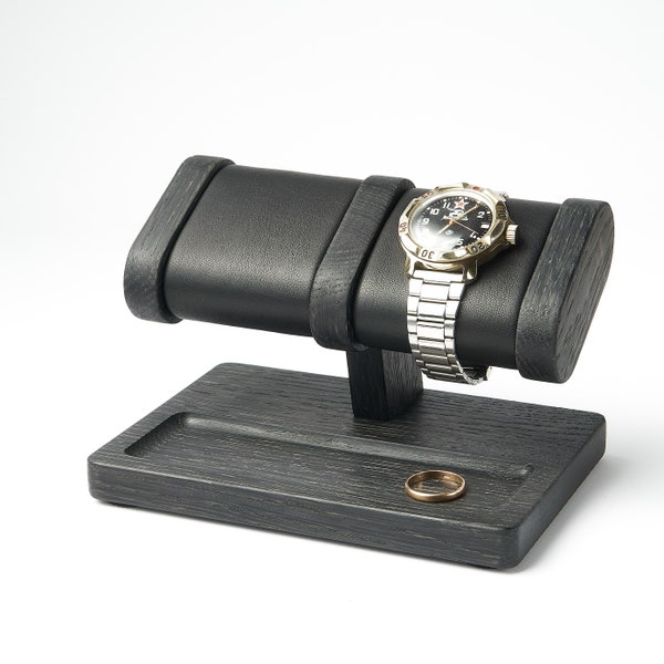 Holz Uhrenständer für 2 Uhren mit Platz zur Aufbewahrung, schwarzer Eichenständer für zwei Armbanduhren