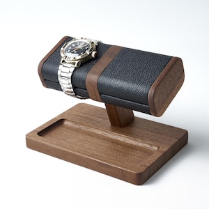 Wood watch stand for 2 watches with genuine leather, watch storage, personalized gift for men