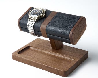 Wood watch stand for 2 watches with genuine leather, watch storage, personalized gift for men