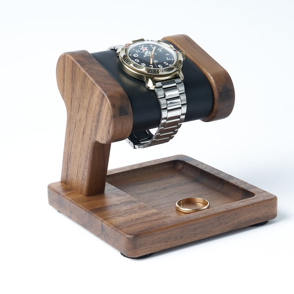 Wood Watch stand for men's wristwatch with a pocket for storage, watch and jewelry organizer