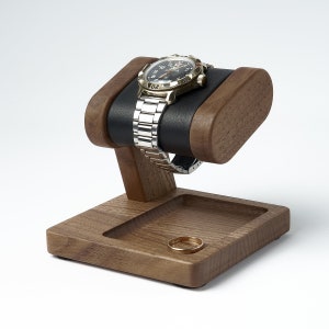 Wood watch stand for men with tray for storage ring and any jewelry, may be personalized