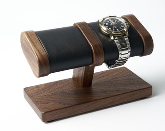 Wood watch stand with soft pillow for 2 men's wristwatch