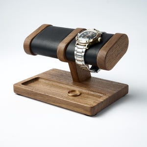 Wood watch stand for men with soft pillows for 2 wristwatches with a tray for jewelry from American black walnut