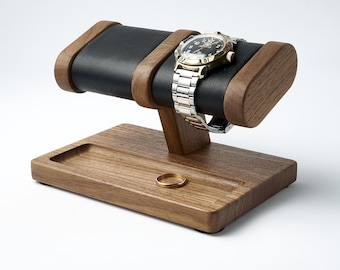 Wood watch stand for men with soft pillows for 2 wristwatches with a tray for jewelry from American black walnut