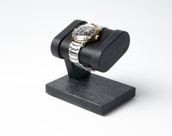 Wooden watch stand  for men, black gray oak personalized watch stand