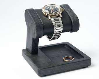 Personalized Wood Watch stand for men&#39;s watch with a pocket for storage, jewelry organizer from wood
