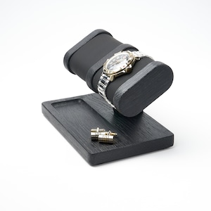 Black gray wood watch stand for men and tray for storage rings, bracelets, cufflinks