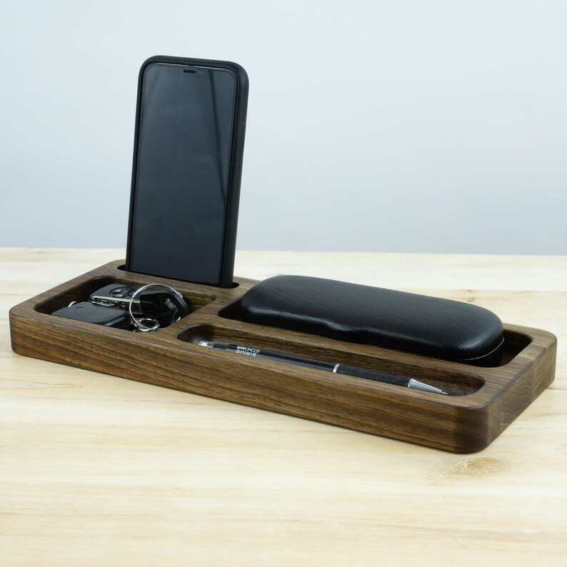 Wood walnut office wood desk organizer tray phone dock stand Etsy