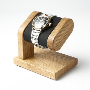 Personalized wood watch stand for men, watch holder with leather pillow for 1 wristwatch