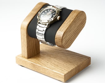 Personalized wood watch stand for men, watch holder with leather pillow for 1 wristwatch