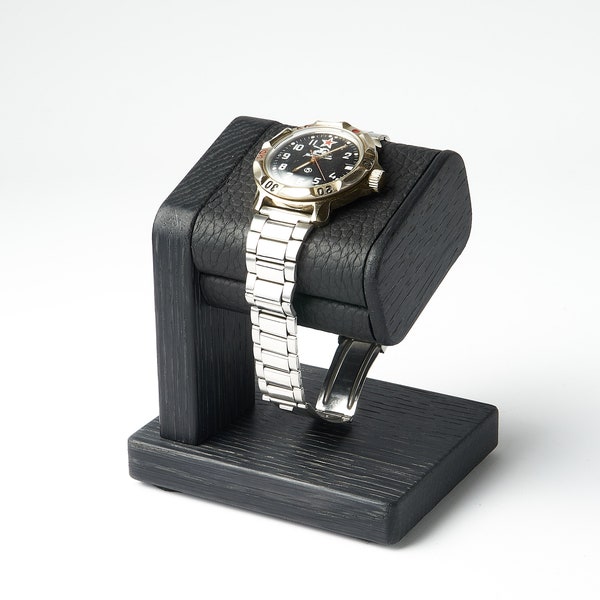 Support pour montre simple noir avec dessus en cuir pour le rangement de la montre pour homme, personnalisable