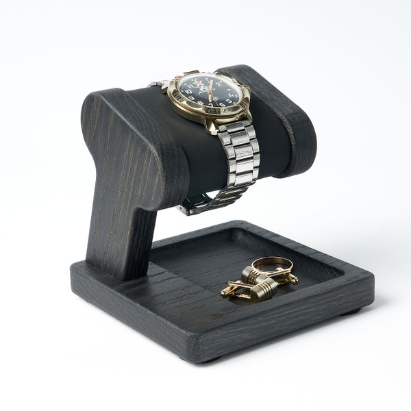 Personalized watch stand with place for storage ring, cufflinks  wooden watch stand with a leather pillow