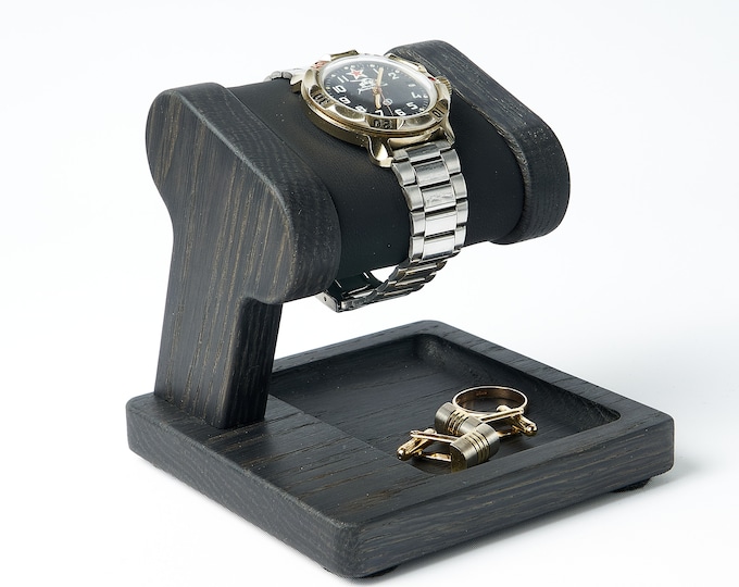 Personalized watch stand with place for storage ring, cufflinks  wooden watch stand with a leather pillow