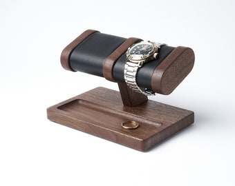 Wood watch stand for men with soft pillows for 2 wristwatches with a tray for jewelry from American black walnut