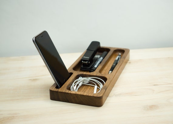 Wood Walnut Office Desk Organizer Tray Phone Dock Stand Wood Walnut Office Desk Organizer