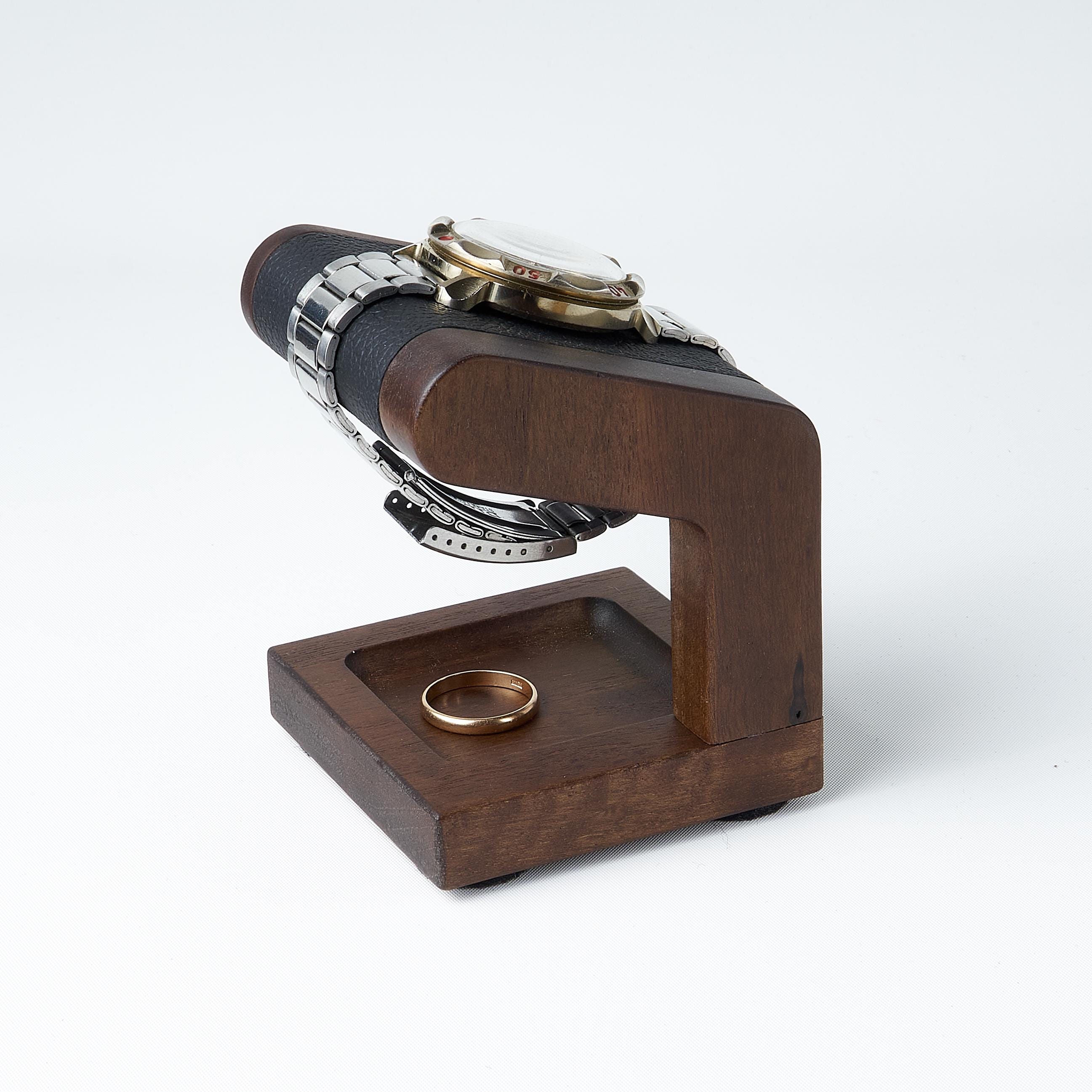 Brown Wooden Watch Stand With Genuine Leather Top and Place for Ring ...