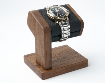 Walnut single watch stand with leather for storage of men's watch may be personalized