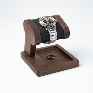Wood Watch stand for men's wristwatch with a pocket for storage, watch and jewelry organizer
