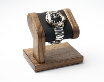 Personalized single wood watch stand for men, walnut watch holder for wristwatch with leather pillow