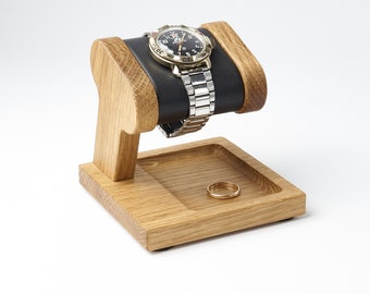 Men's wood watch stand with a soft pillow and place for storage ring and any small bit