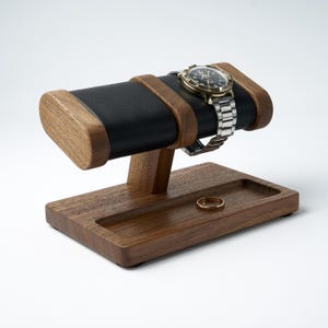 Personalized wood watch stand for 2 watches with soft pillow and place for storage of jewelry