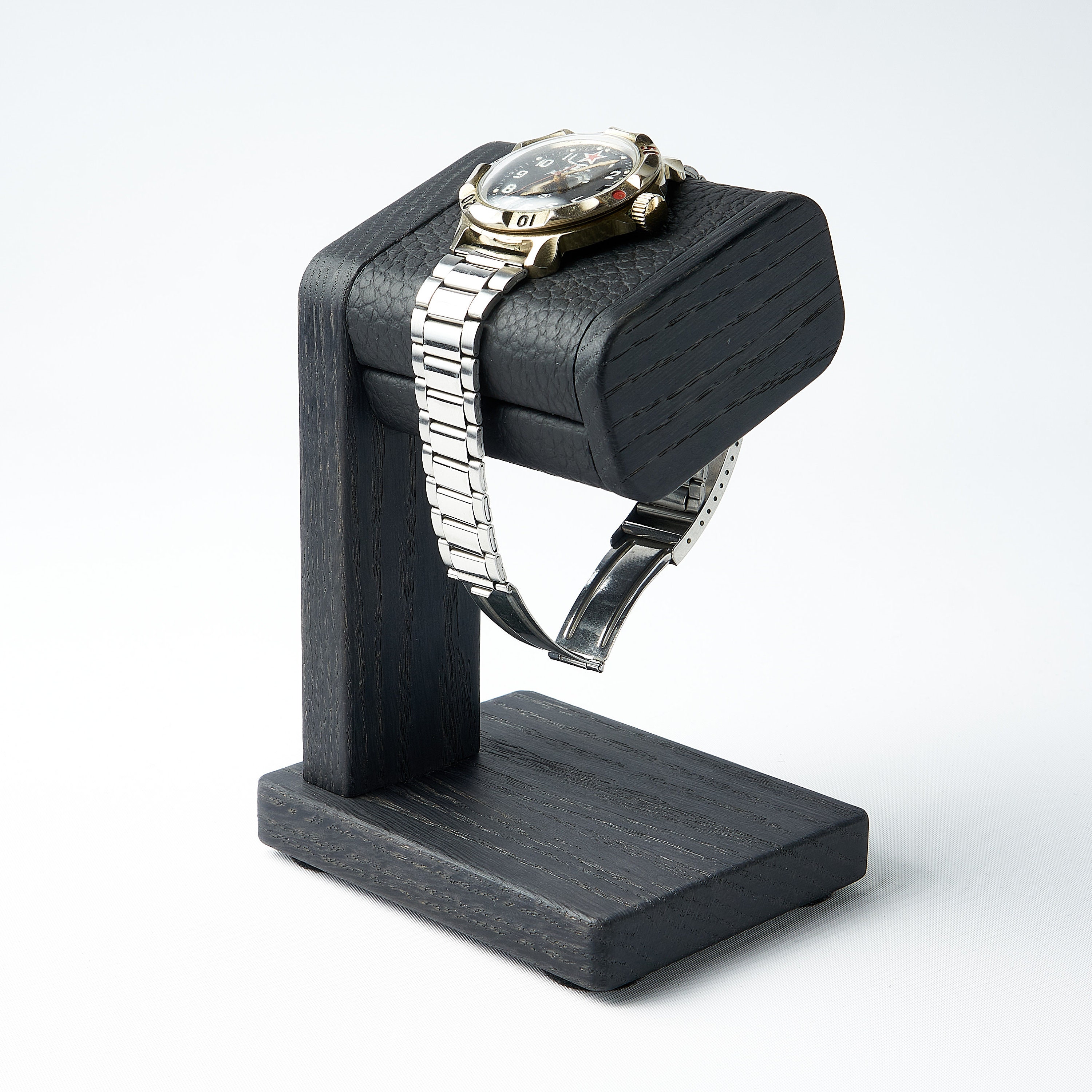 Black Single Watch Stand for Long Bracelet Watch With Leather Top