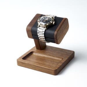 Walnut watch stand with leather top for watches and tray for ring or cufflink may be personalized