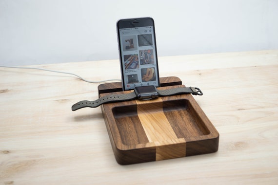 Wood Walnut Iphone Ipad Apple Watch Desk Organizer Stand Tray Etsy