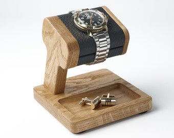 Oak watch stand with leather top for watches and tray for ring or cufflink may be personalized