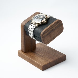 Walnut single watch stand with leather for storage of men&#39;s watch may be personalized