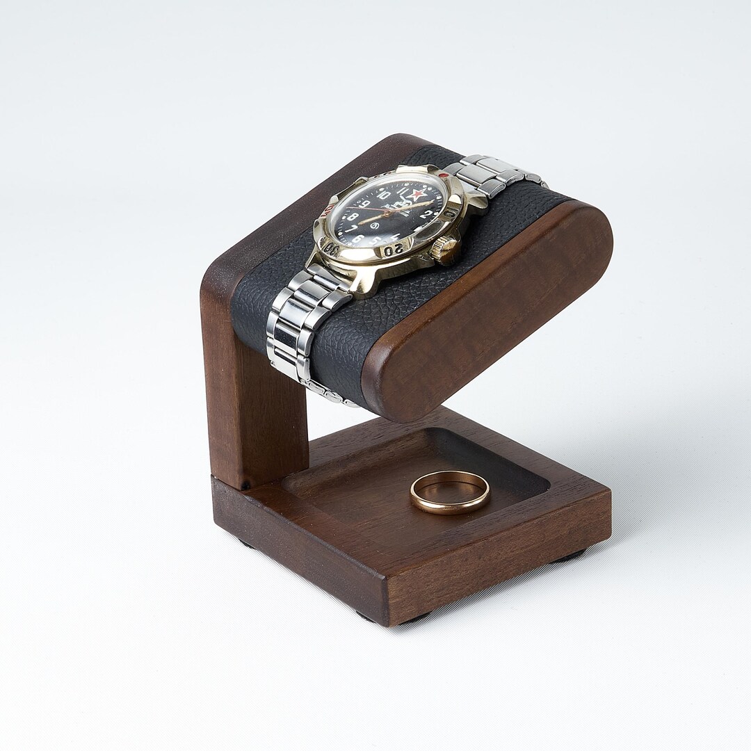 Brown Wooden Watch Stand With Genuine Leather Top and Place for Ring ...
