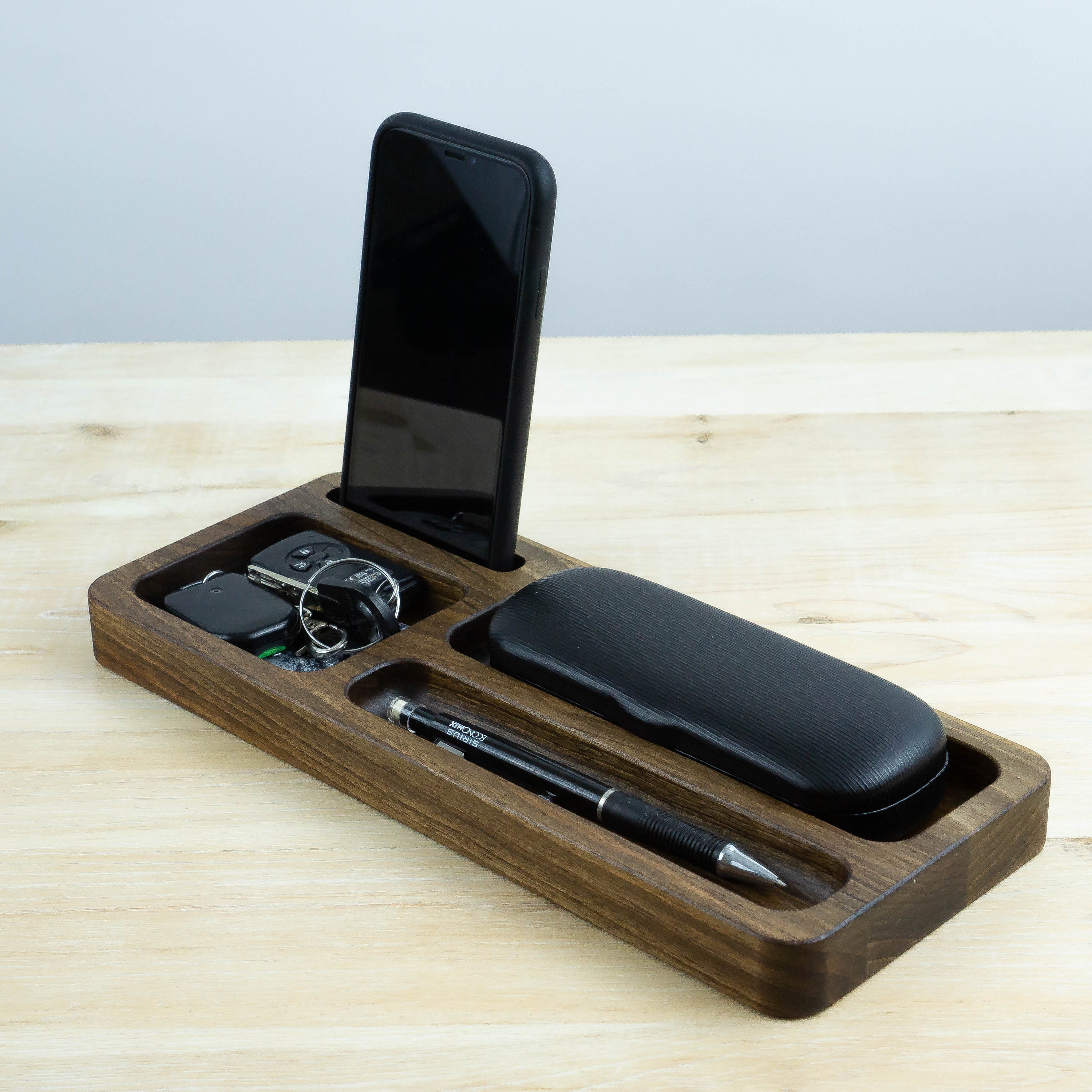 Wood walnut office wood desk organizer tray phone dock stand Etsy