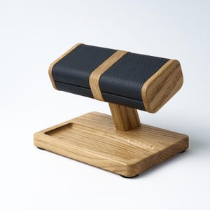 Wood stand for 2 watches with top from genuine leather, wood Oak, or American Black Walnut