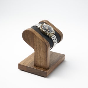 Personalized single wood watch stand for men, walnut watch holder for wristwatch with leather pillow